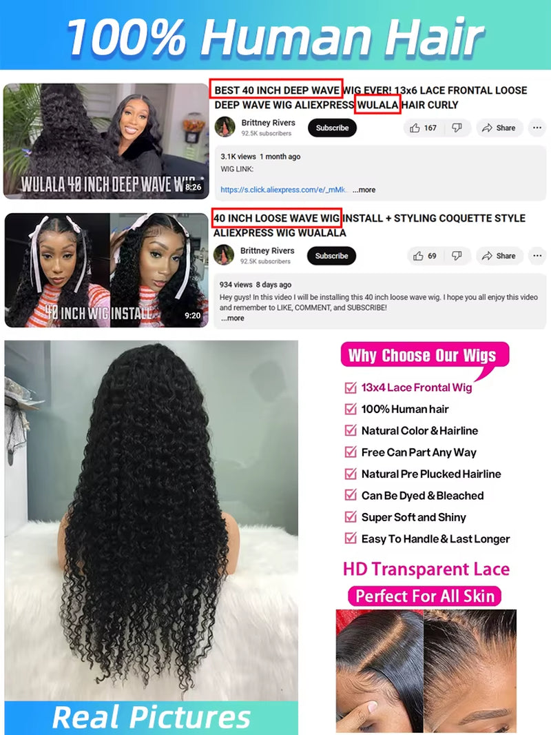 250 Density Water Deep Wave Lace Frontal Wig 13X4 13X6 360 Hd Curly Human Hair 30 40 Inch Lace Front Wigs for Women Pre Plucked