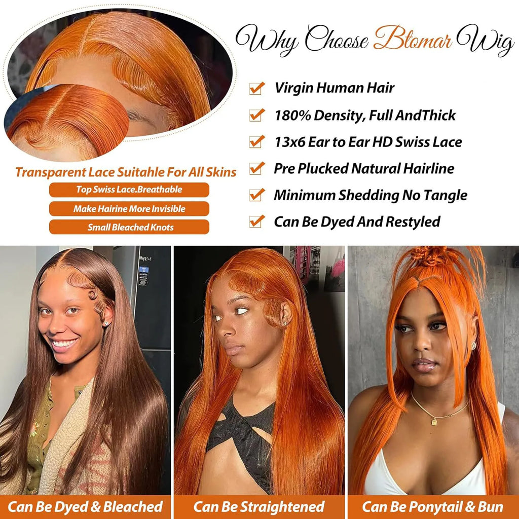 Ginger Wig Human Hair 13X6 Lace Front Wig Straight HD Transparent Pre Plucked 220% Density #350 Colored Human Hair Wig for Women