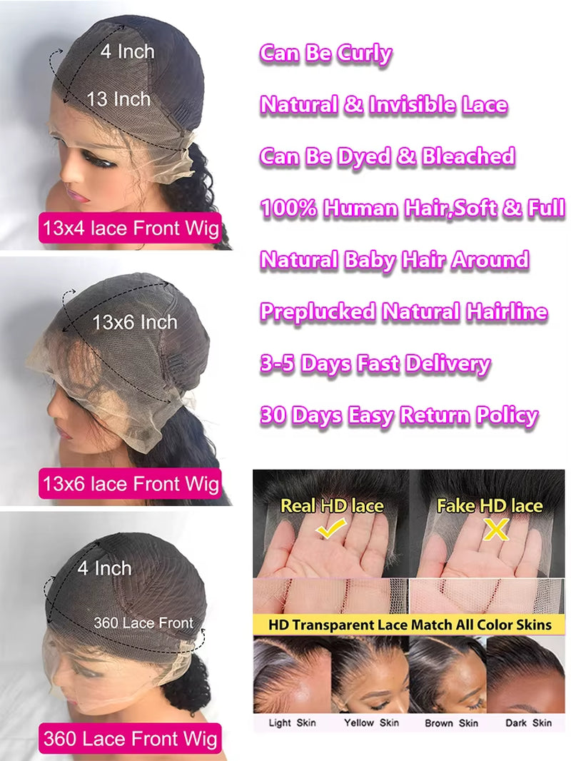 250 Density Deep Wave Lace Front Wig 13X6 Hd Lace Frontal Wig 13X4 Curly Human Hair Wigs for Women 360 Pre Plucked Lace Wig